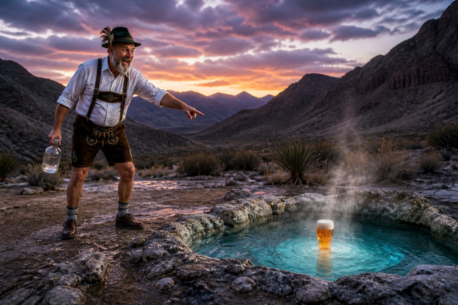 Lederhosen oasis — Oktoberfest pint in a Truth or Consequences hot spring