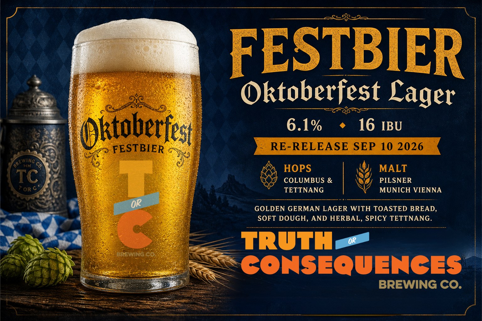 Festbier Oktoberfest Lager from Truth or Consequences Brewing Co. — re-release Sep 10 2026